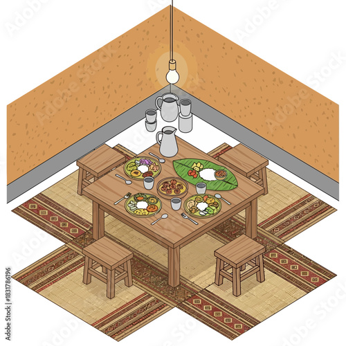 Traditional feast served on banana leaves on a rustic wooden table