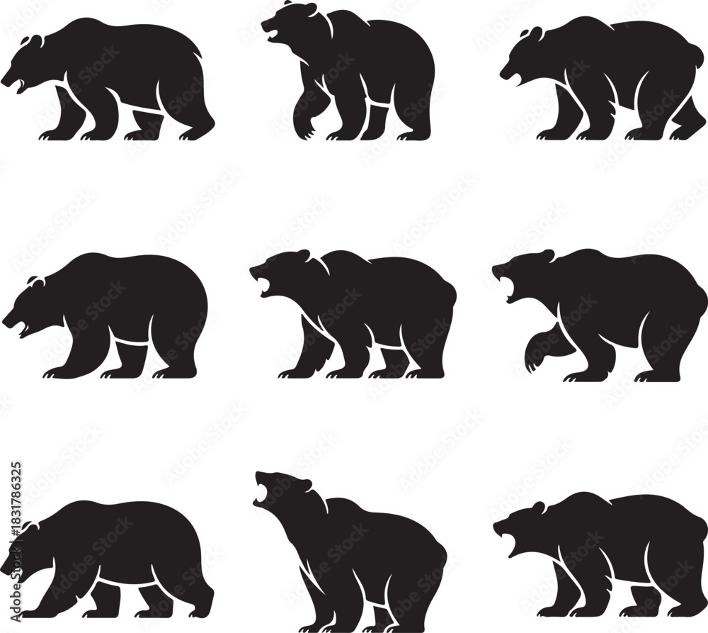 Naklejka premium Collection of Grizzly Bear Silhouettes in Various Poses Graphic Resource