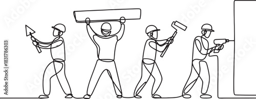  one line drawing of a group of construction or renovation workers with tools