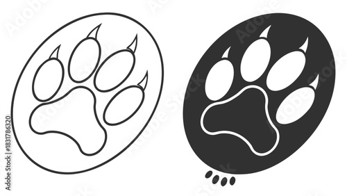 Vector illustration set of two stylized animal paw print icons, one outline and one solid black