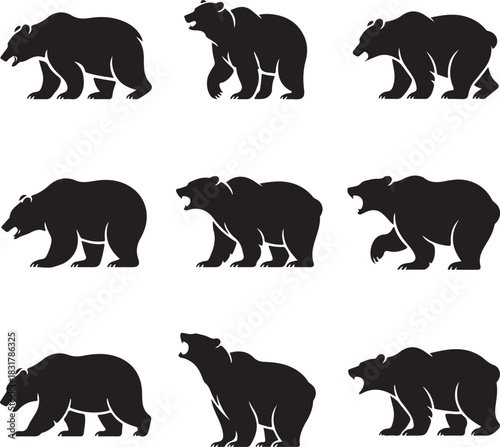 Collection of Grizzly Bear Silhouettes in Various Poses Graphic Resource