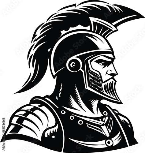 Vector illustration black and white vector illustration of a fierce spartan warrior head in profile wearing a crested helmet