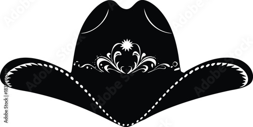 Vector illustration black cowboy hat silhouette with ornate white scrollwork design vector graphic