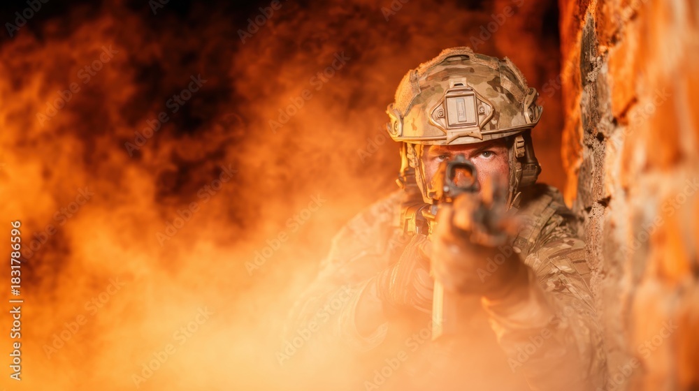 Obraz premium Soldier aiming weapon during combat training exercise at night