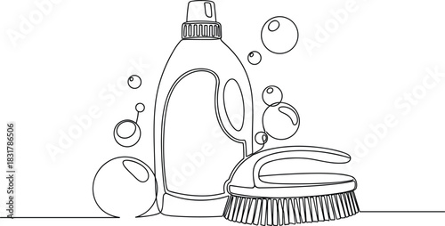 One Line Drawing of Detergent Bottle and Cleaning Brush.