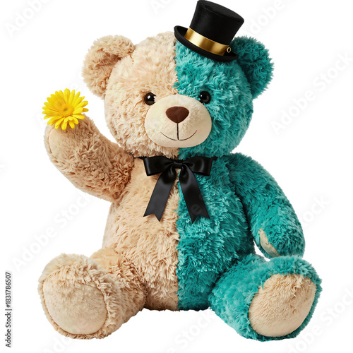 Split Color Teddy Bear with Top Hat and Flower