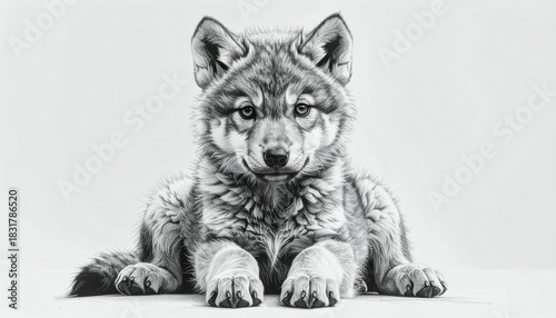 A detailed drawing of a wolf cub lying down, looking directly at the viewer with a soft expression.
