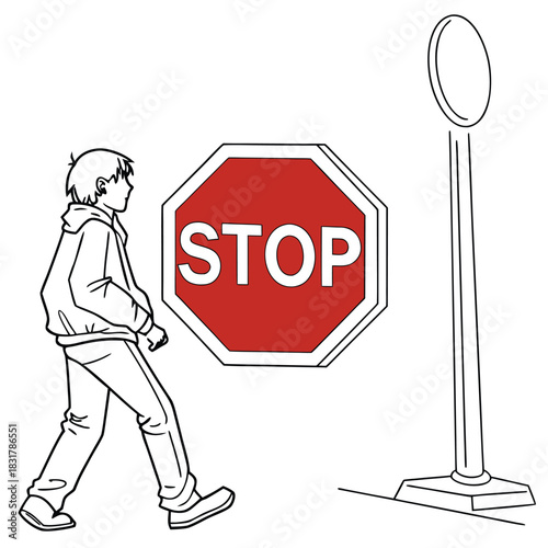 Vector illustration line drawing illustration of a young person walking past a large red stop sign and an empty signpost