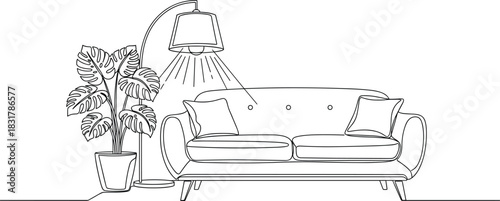 Modern Home Seating Area Line Illustration.