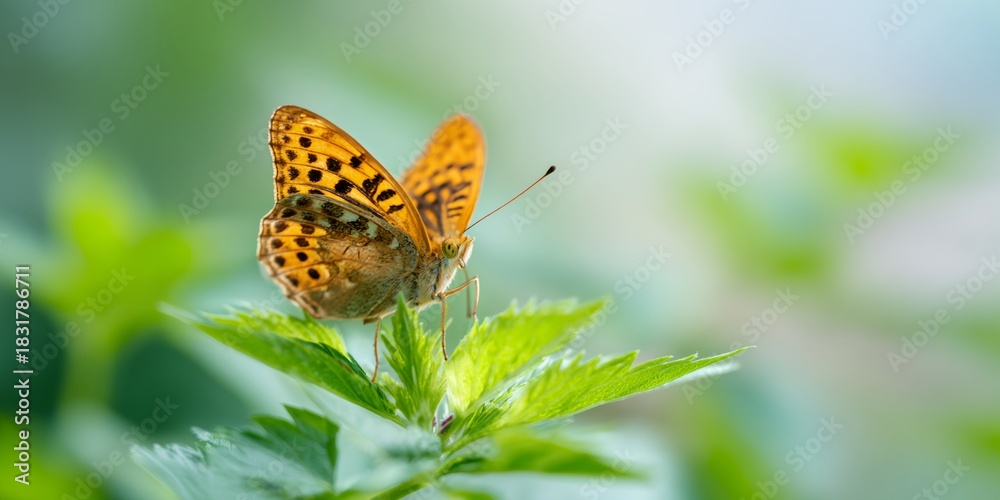 Obraz premium Butterfly is sitting on a green leaf