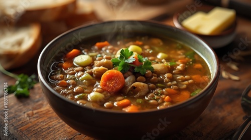 Tazón de sopa de lentejas relleno de zanahorias en rodajas y apio