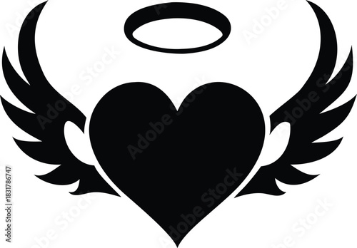 Vector illustration black silhouette of a heart with angel wings and a halo, perfect for love and spiritual design concepts