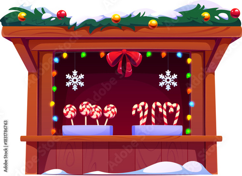 Christmas market stall with candy canes, lollipops and snowflakes. Festive winter bazaar booth, cartoon vector holiday market store or shop, glowing with colorful lights for seasonal celebration