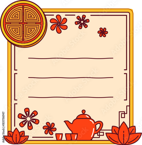 Asian tea ceremony, korean kids memo note template. Schedule vector Chinese frame, planner Japanese aesthetics sticker. kids Scrapbook Asian motif memo note with red teapot and cups, tea leaves