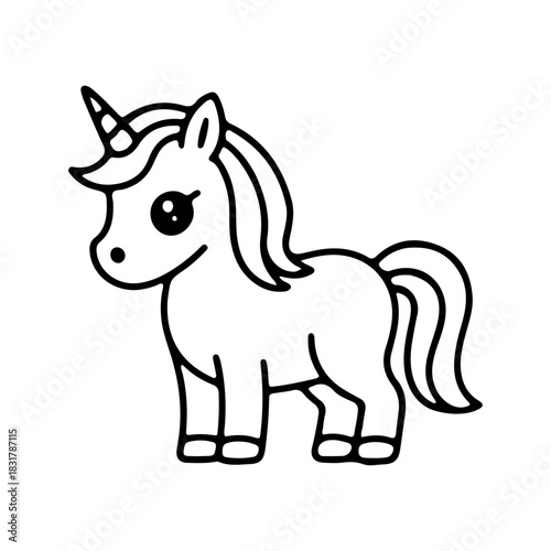 Cute unicorn character with a shiny horn and flowing mane standing on a plain background available for coloring activities