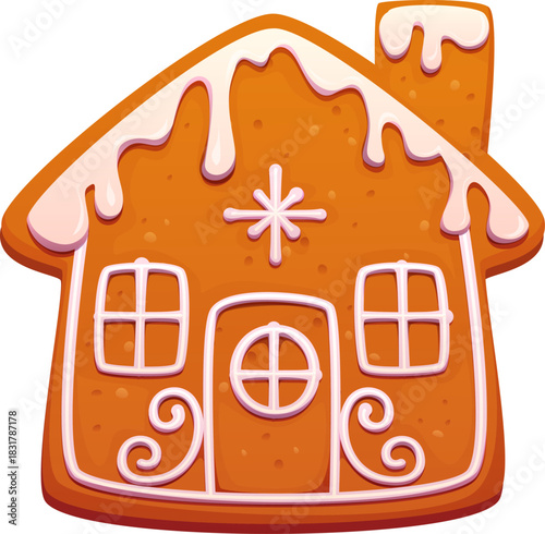 Cartoon Christmas gingerbread house cookie with icing windows, snowy roof glaze and sweet baked texture. Vector festive warm pastry treat, winter holiday ginger bread confectionery dessert