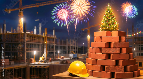 Festive christmas tree on construction site with fireworks and yellow hard hat at night
