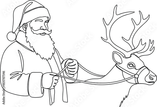 One Line Santa Holding Reindeer Harness.