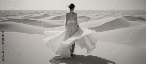 Elegant woman in a flowing white dress walks gracefully through a stark, monochromatic desert landscape with endless sand dunes, symbolizing freedom, journey, and solitude.