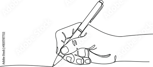 One-Line Drawing of Hand Writing with Pen.
