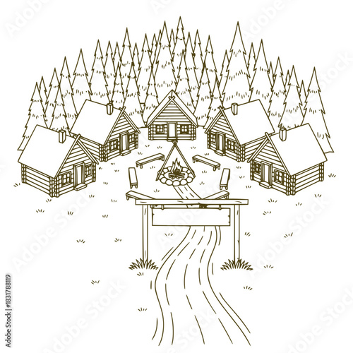 Hand-drawn rustic old ski lodge exterior in forest with central campfire circle 
