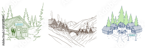 Cute old ski lodge exterior vector set: Mountain landscape illustrations with cabins and green forests 