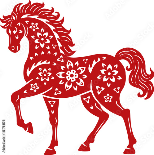 Red horse of Asian Chinese New Year lunar horoscope, vector symbol of 2026. Horse beating with hoof with paper cut flowers pattern ornament for Chinese New Year or Asian lunar horoscope holiday