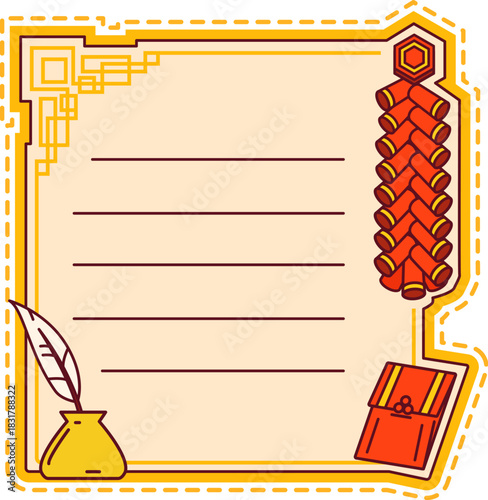 Asian Chinese Japanese and Korean kids memo note frame with red firecracker, gold ink pot, feather quill, and festive envelope. Vector decorative square note template with lined writing space