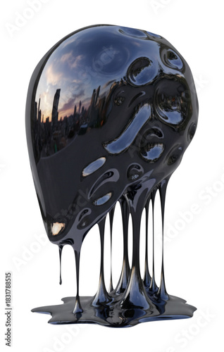 Glossy Black Viscous Liquid Dripping Abstract Shape with Cityscape and Sky Reflections on White Background