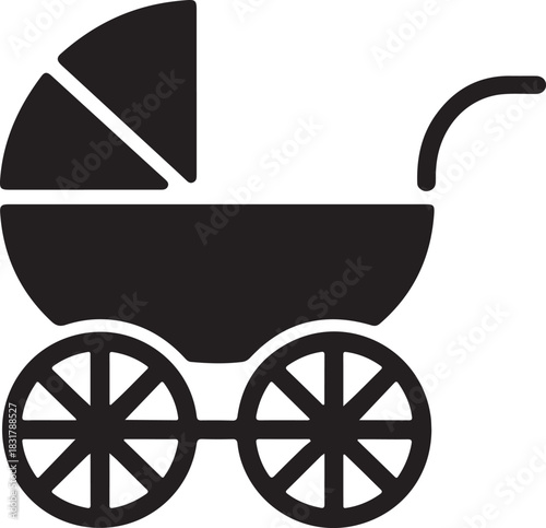 Black baby carriage icon, simple stroller silhouette for newborn and family