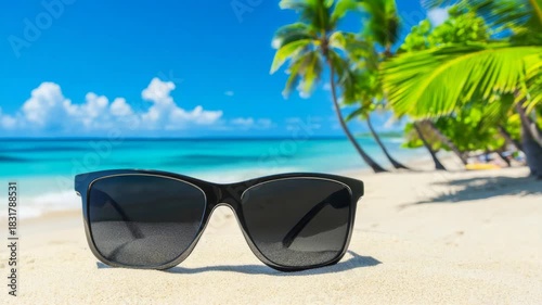 Black sunglasses rest on a pristine white sand beach. Tropical paradise with blue ocean and palm trees in background.