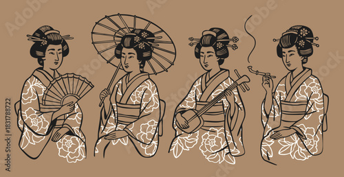 Geisha set. Japanese women in traditional kimono holding various objects. Paper fan, shamisen, umbrella, smoking pipe. Asian culture concept. Hand drawn trendy Vector illustration. Isolated elements