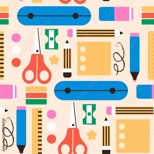 Pencil case, scissors, sharpener, pencil, blank paper, sticky note, marker, eraser. Geometric style. School, class, education, office concept. Hand drawn Vector illustration. Square seamless Pattern