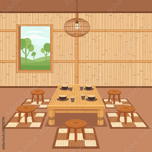 Charming Illustration of a Rustic Dining Room with Cozy Ambiance