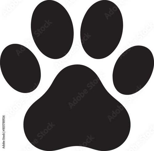 Black silhouette of a paw print, a simple vector icon of an animal track.
