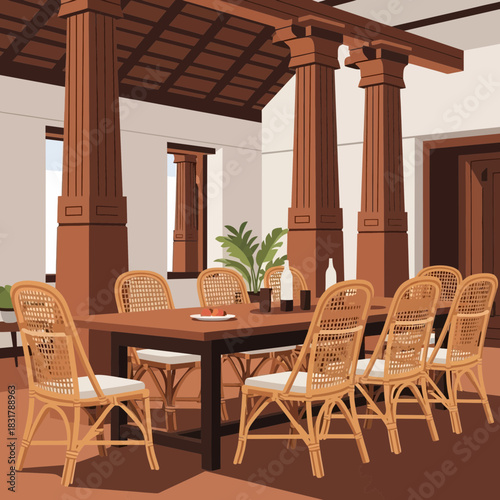 Elegant interior dining area with wooden pillars and wicker chairs illustration