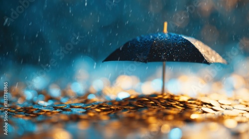 Fototapeta Naklejka Na Ścianę i Meble -  Rainy day scene with an umbrella and coins on the ground