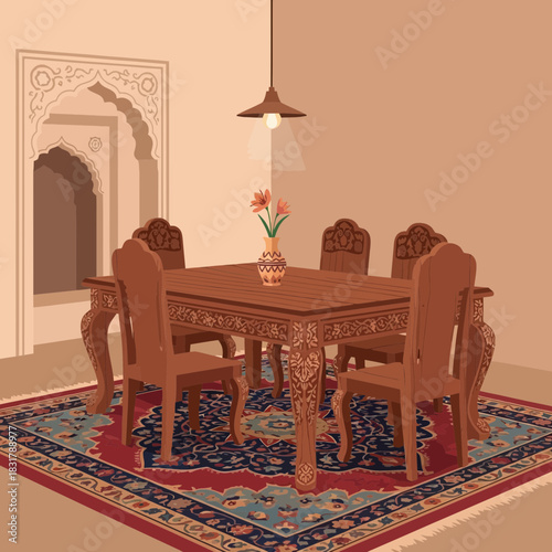 Elegantly designed dining room featuring a carved wooden table and chairs