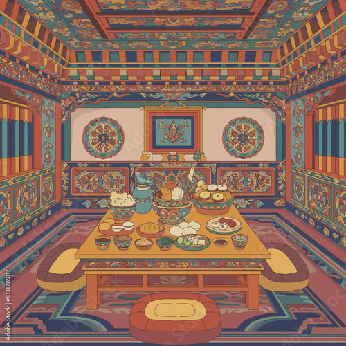 Intricate Illustration of a Traditional Tibetan Dining Setting with Rich Detailing