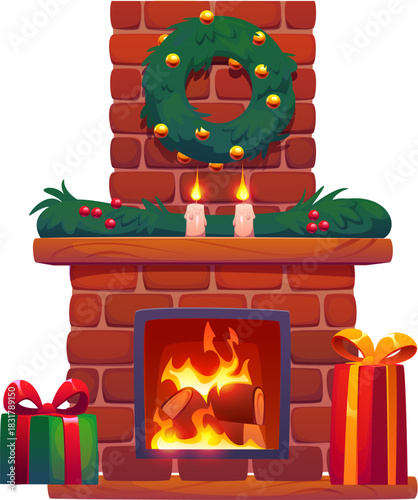 Christmas fireplace, cartoon vector interior with brick furnace, burning fire and festive wreath above shelf. Cozy retro home chimney decorated with garland, candles, winter xmas tree branch and gifts