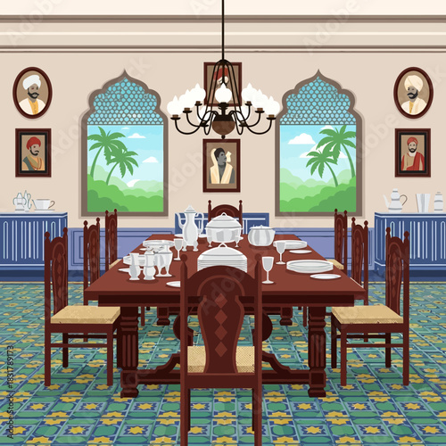Ornate Dining Room with Traditional Indian Design Elements and Tropical View
