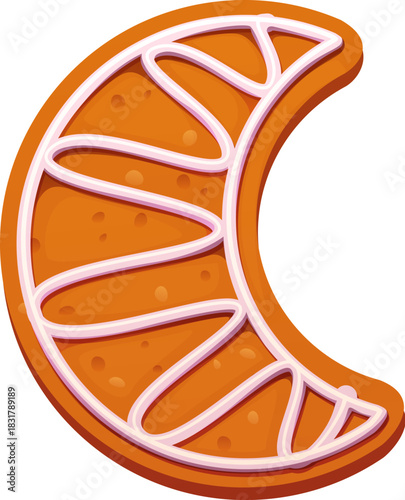 Cartoon Christmas gingerbread cookie shaped like a crescent moon, sweet winter biscuit with icing ornament pattern. Vector baked dessert figure for merry xmas holiday celebration, confectionery pastry