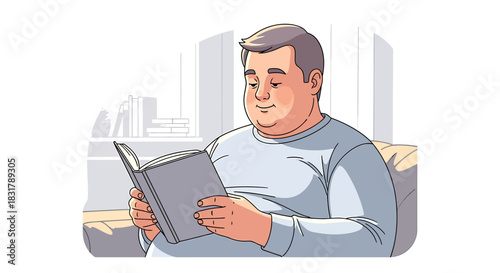 Man engrossed in reading a book indoors.