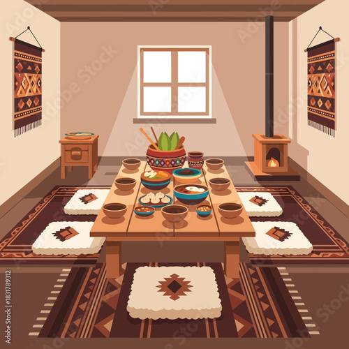 Traditional Dining Room Interior with Ethnical Tableware and Cozy Atmosphere