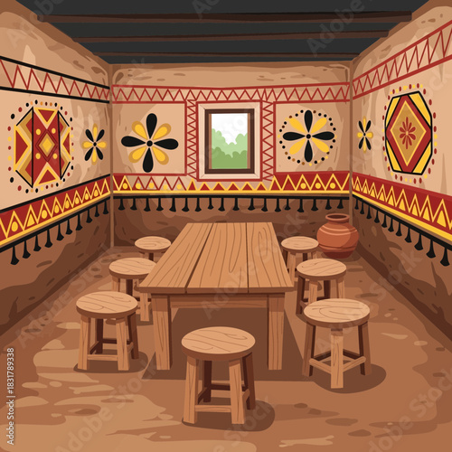 Traditional mud house interior with wooden furniture and vibrant wall art