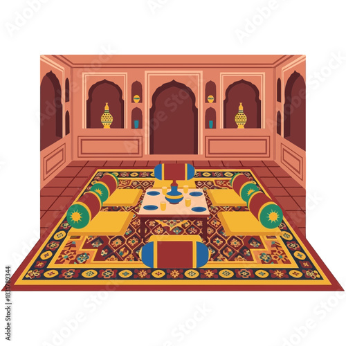 Traditional majlis interior vector illustration with oriental elements