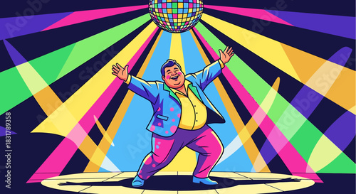 Joyful overweight man dancing enthusiastically in a colorful suit.