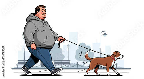Man and Dog Walking Together in the Park.