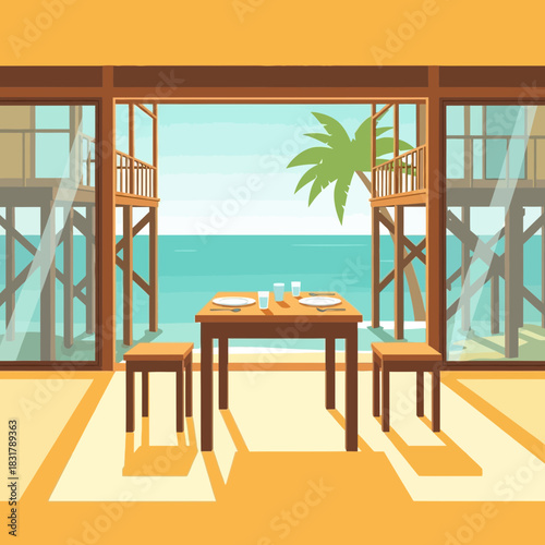 Tranquil dining ambiance with ocean view at exotic stilt house resort