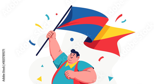 Man celebrates victory waving flag with vibrant colors and confetti.